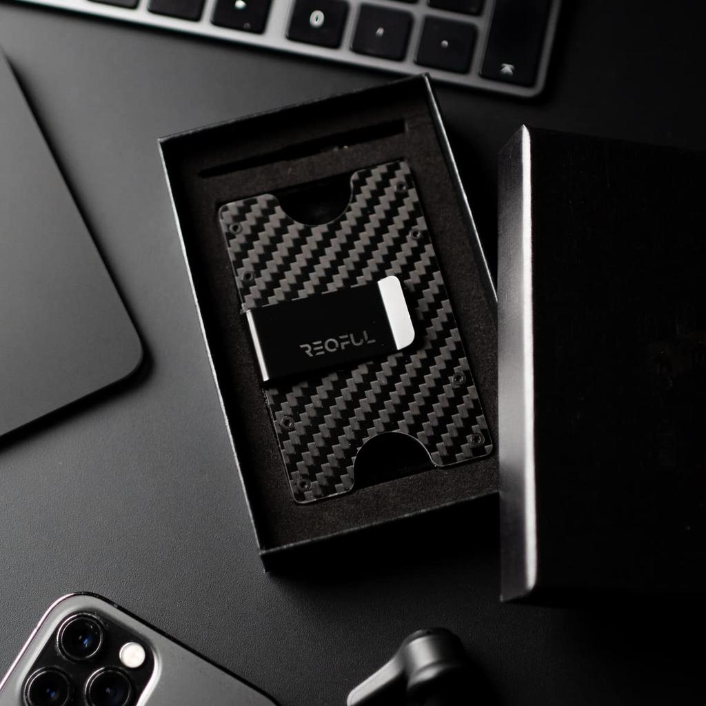 Carbon Black Geldklammer Kreditkartenetui Münzbörse Große Kapazität Dünn Kompakt Skimming-Prävention Geschenk [REQFUL] 2.0 Herren