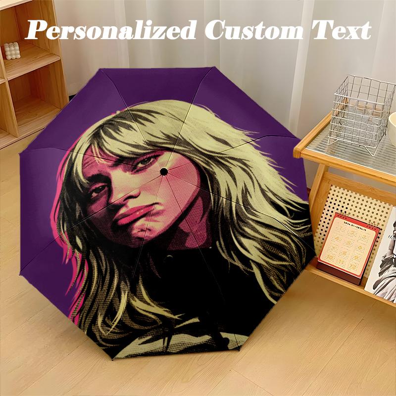 Portable Auto Folding Umbrella,Billie Eilish 8 Rib Waterproof Umbrella For Camping Commute