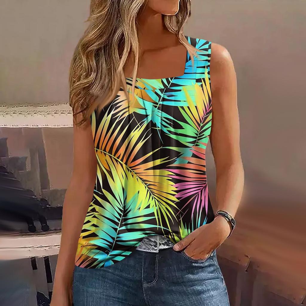 Damen Sommer Casual Plissee Quadratischer Ausschnitt Ärmelloses Tank Top Bedrucktes T-Shirt