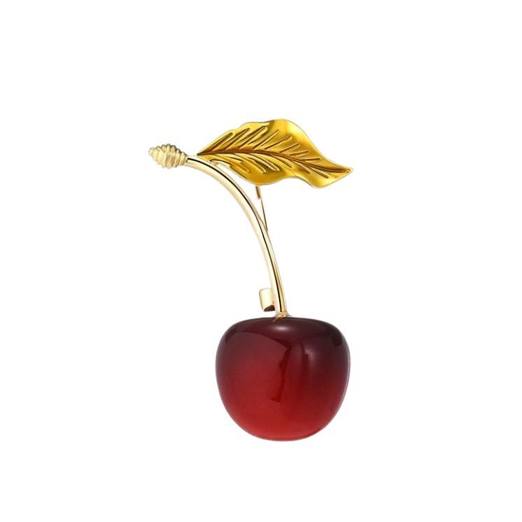 Branch and Leaf Gold-Plated Red Cherry Brooch - Pastoral Fashion, Light Luxury, Sweet and Fresh Style