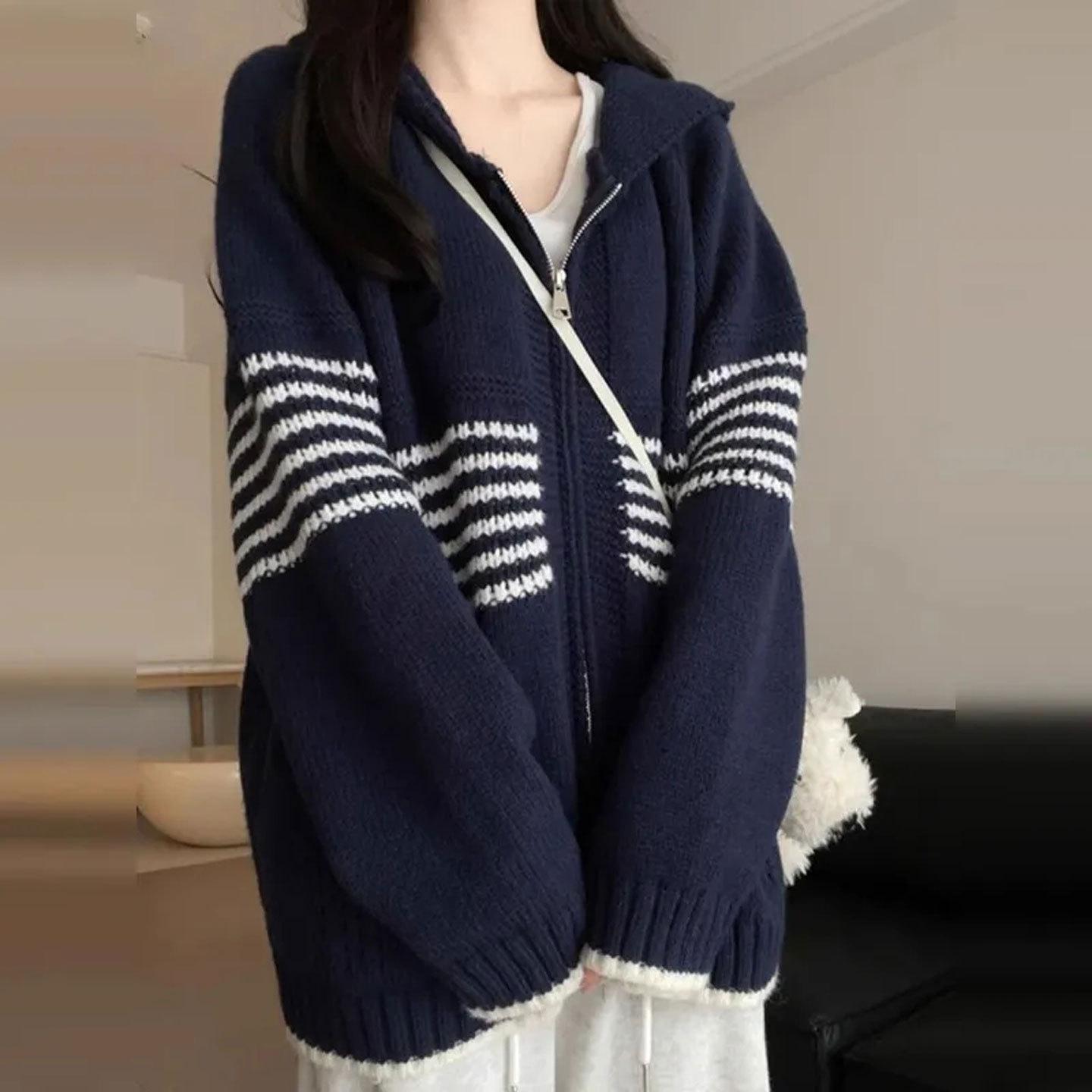 

Hong Kong Chic Striped Hooded Cardigan for Women - Autumn/Winter Loose Knit Sweater Coat One Size 80-140 jin