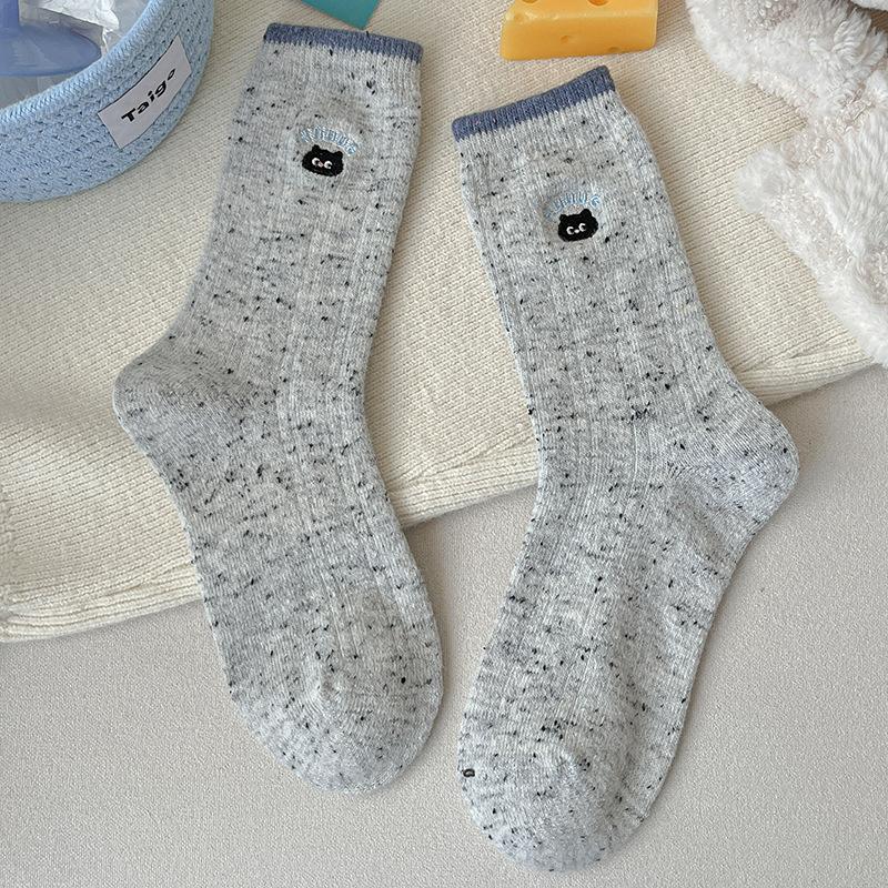 Sock Children's Mid-length Autumn-winter Cute Cartoon Cat Pile-up Socks for Girls, Spring-autumn Long Socks with Embroidery