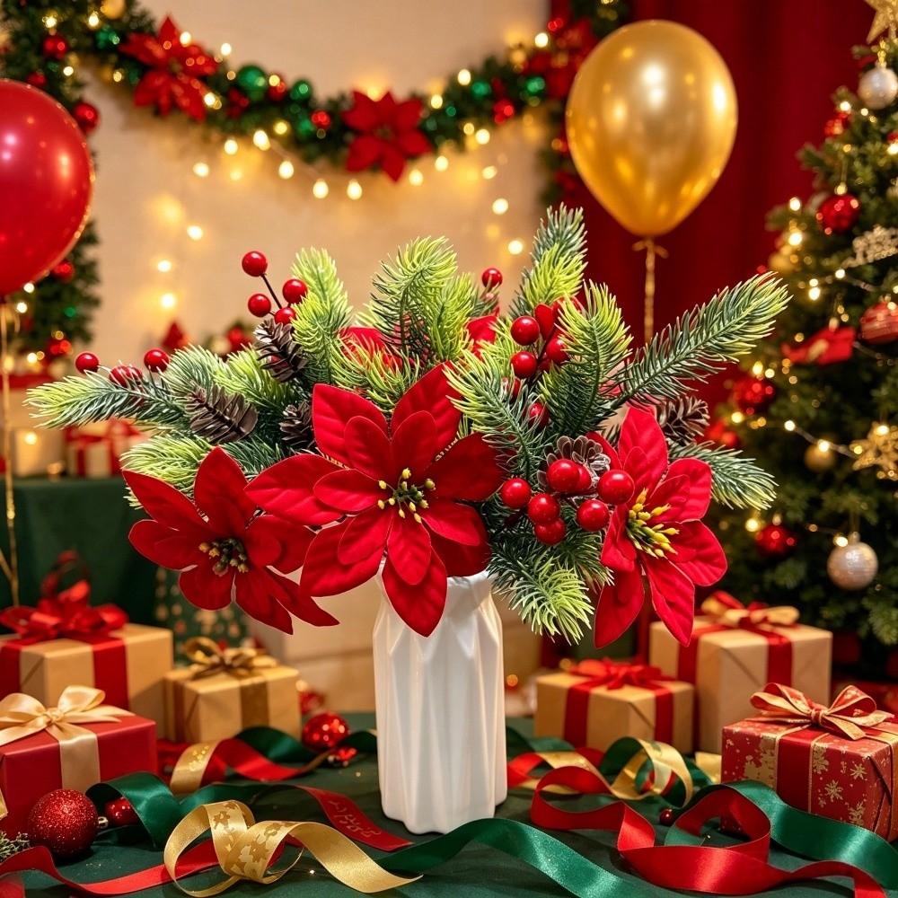 Green Pine Leaves Christmas Pine Branches Red Berry Artificial Plant Home Decoration