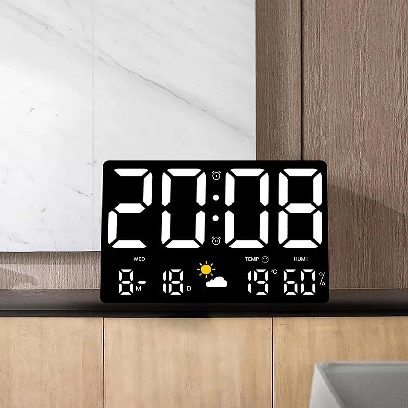 HD Large Screen LED Wall Clock with Sensing Temperature Humidity Weather Clock; Multi-functional Color Meteorological Clock