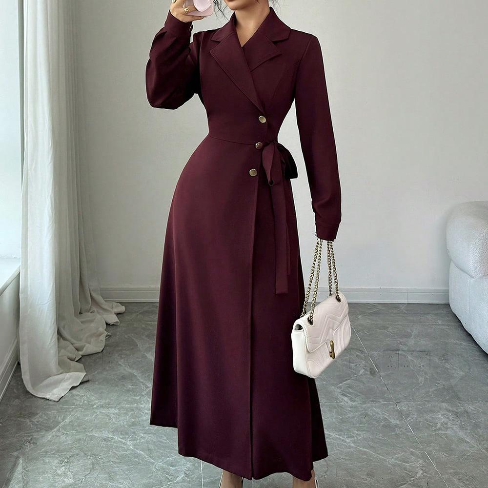 Women Blazer Midi Dress Long Sleeve Lapel Collar Double Breasted Belted Waist Elegant Office Business Dress Solid Color