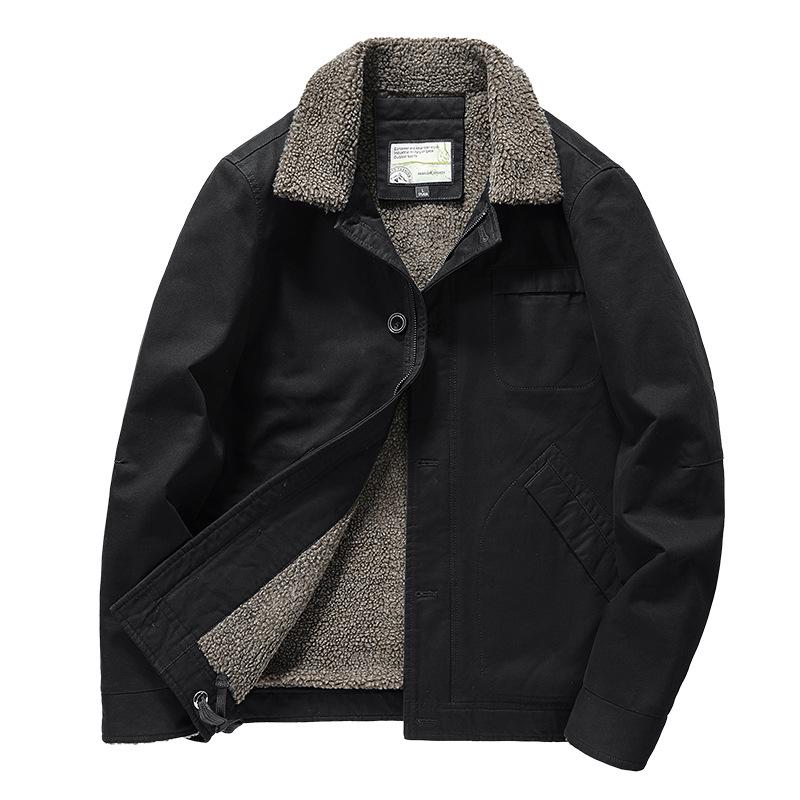 Men's Winter Fleece-Lined Lapel Military Jacket - Loose Fit Lambswool Coat
