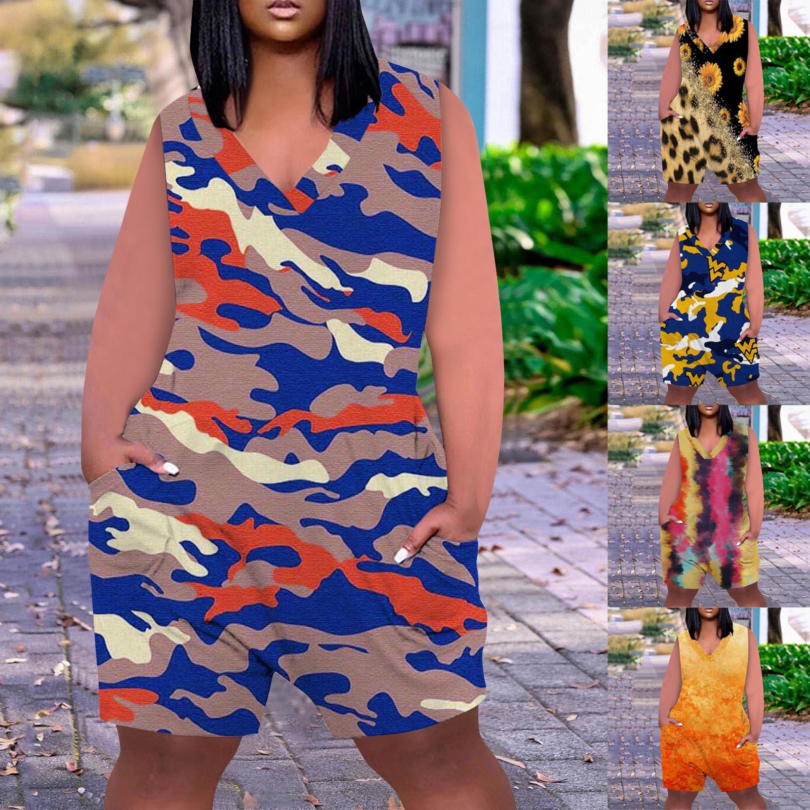 

Комбинезон с карманами и V-образным вырезом Плюс Размер Комбинезон без рукавов Шорты Комбинезон с принтом Повседневный комфортный модный комбинезон со свободными рукавами Летние шорты Комбинезон