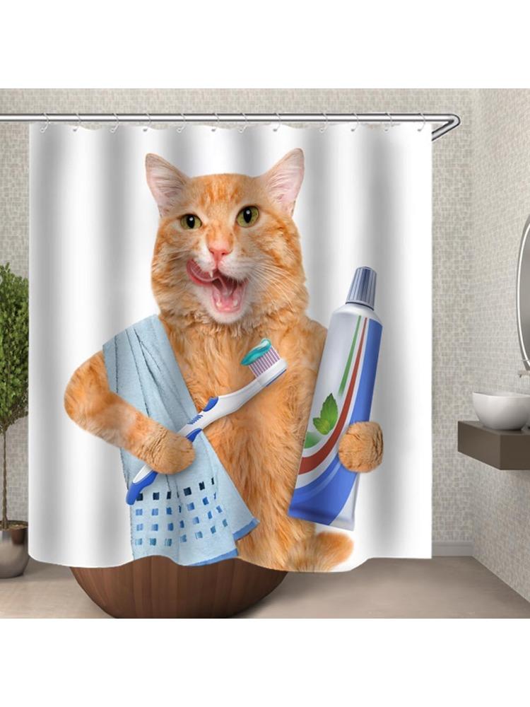 

Cat Shower Curtain Kids Children, Cat Brushing Teeth Shower Curtain Bathroom Waterproof Fabric, Bathroom Decor Accessories 90x180CM