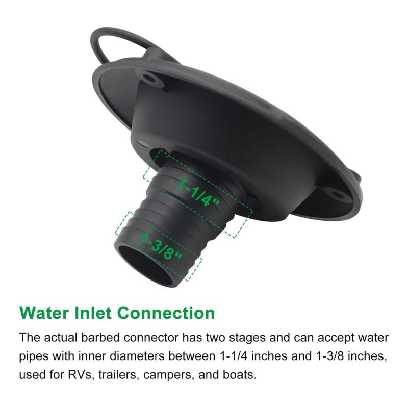 Trailer Water Fill Inlet Replacement with Round Flange, Hose Barb Fitting and Tethered Cap for Motorhome Boat Service