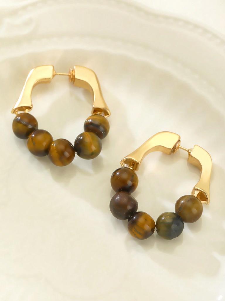 1 Pair Vintage Western Style Minimalist Round Bead Hoop Earrings, Unique Design Fashion Jewelry For Women, Suitable For Daily Wear & Vacation
