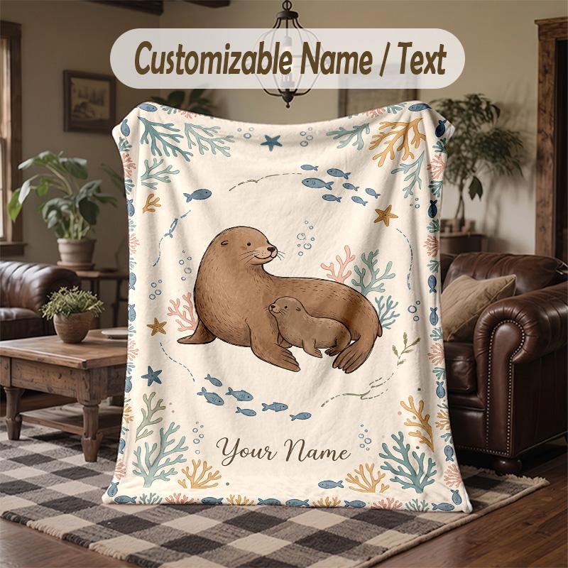 Ocean Adventure Whales Theme Throw Blanket Custom Name Text Personalized Blanket Soft Cozy Blanket for Home Sofa Bed