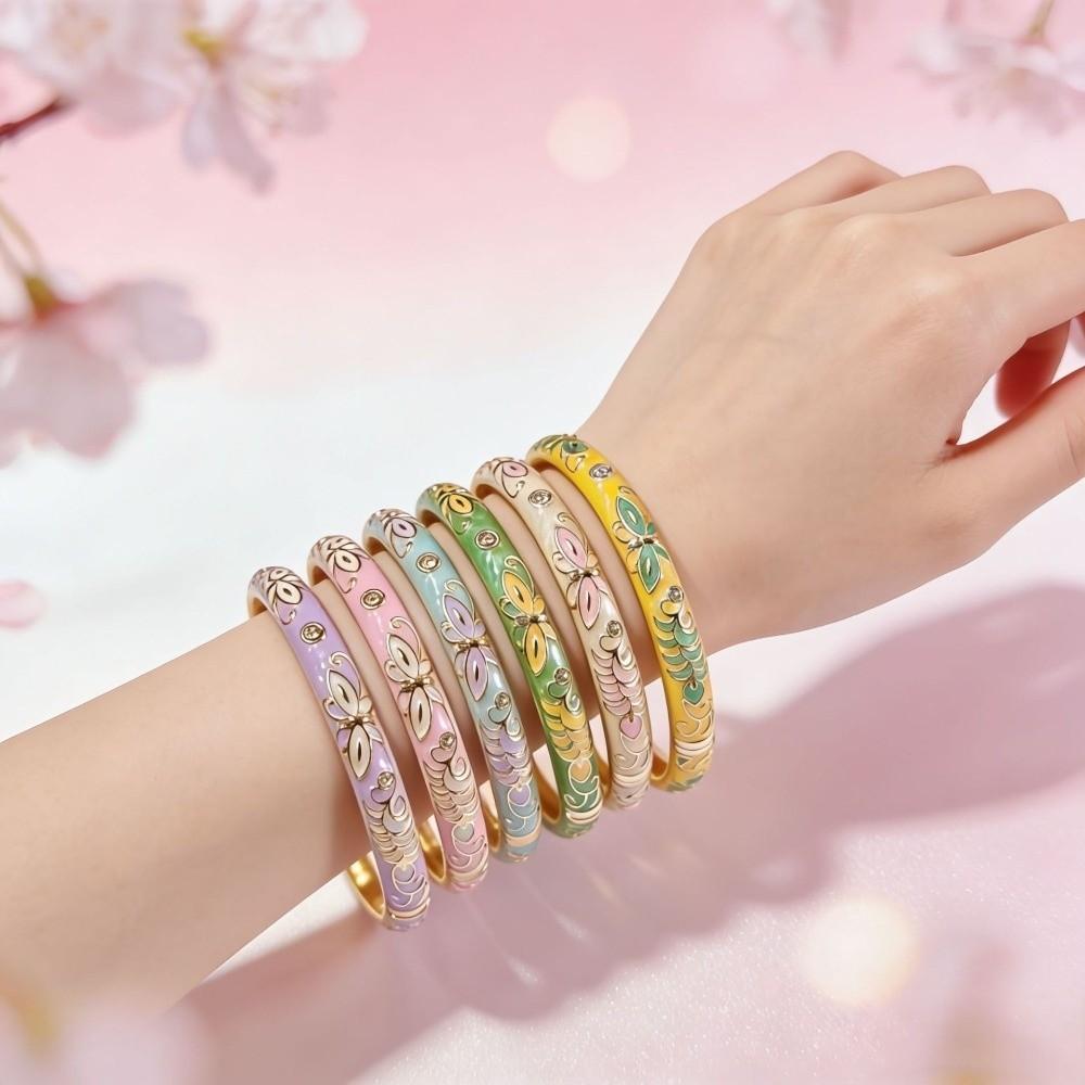 Enamel Flower Butterfly Bangle Chinese Traditional Women's Hand Bracelet Stacking Wear