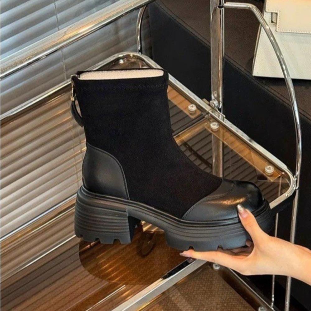 Women's Boots Vintage Platform Splicing Woman Ankle Boots Design Back Zippers Thick Sole Shoes  Autumn Short Botas Para Mujer