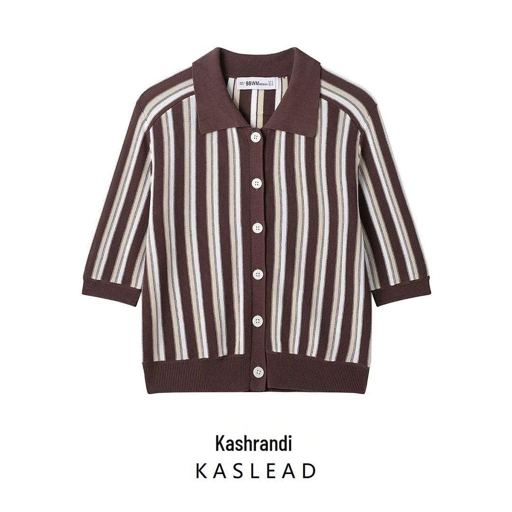 Spring 2025 Women's European & American Striped Knit Polo Cardigan