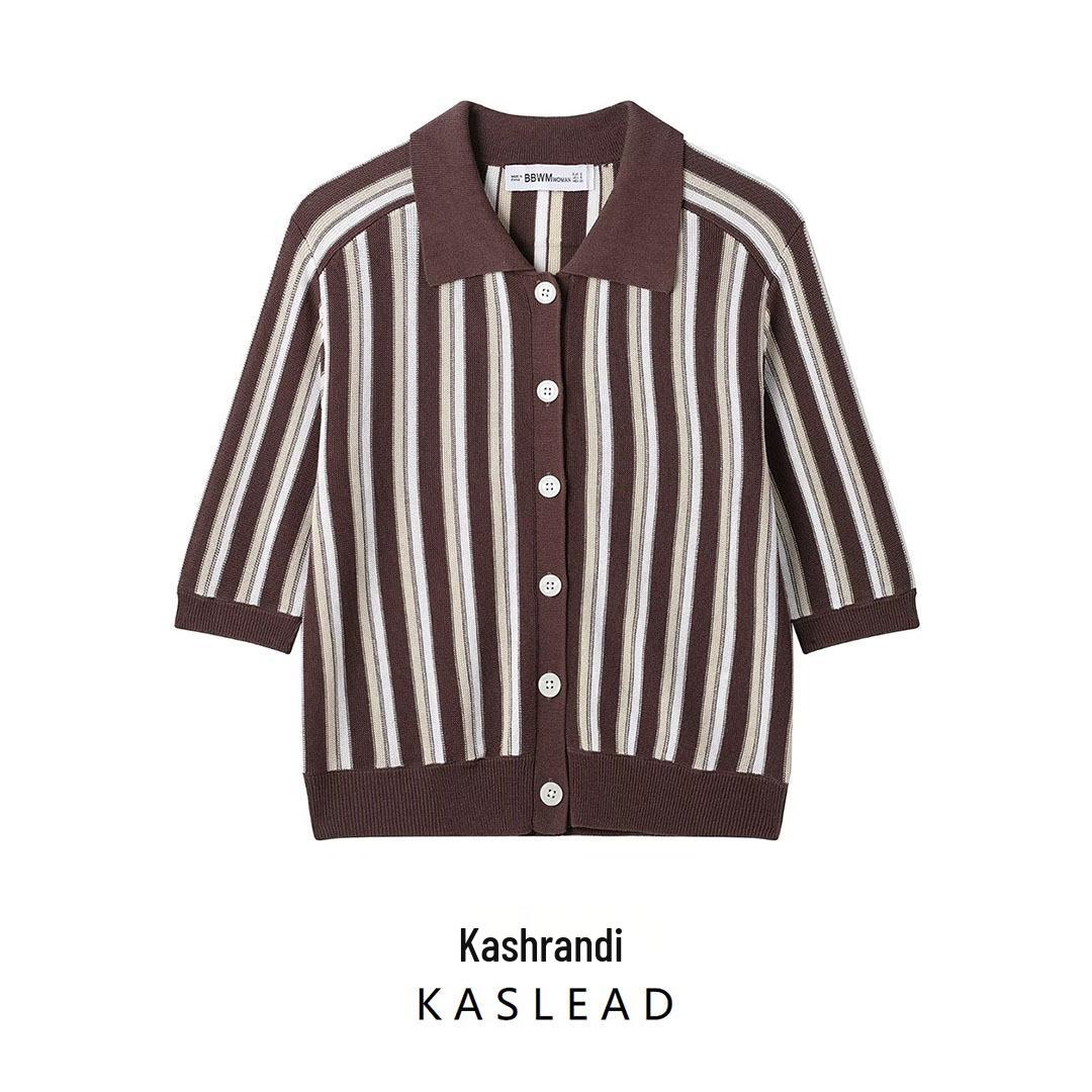 

Spring 2025 Women s European & American Striped Knit Polo Cardigan Small