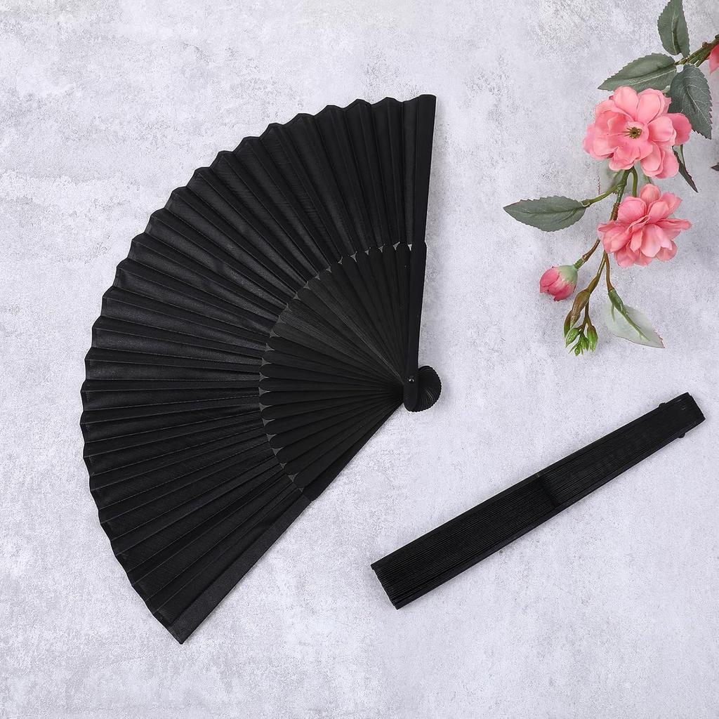 2 Pcs Folding Hand Fan, Black Nylon-Cloth Vintage Retro Fabric Hand Held Fans Chines/Spanish Foldable Fan for Women/Men Wedding Party Favor