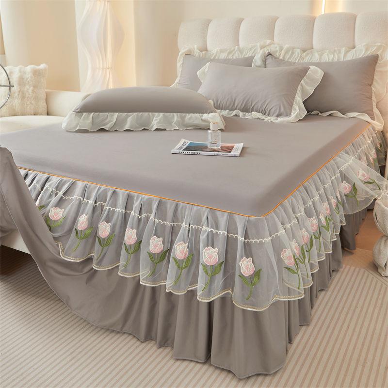 

Прикроватная юбка Цельная Домашняя Спальня Вышивка тюльпанами Простыня Кружево Кружевной подол 180*200cm-Bed Skirt