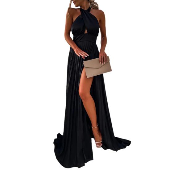 Waist Tight Backless High Split Hem Prom Dress Solid Color Cross Halter Women Long Dress Sundress