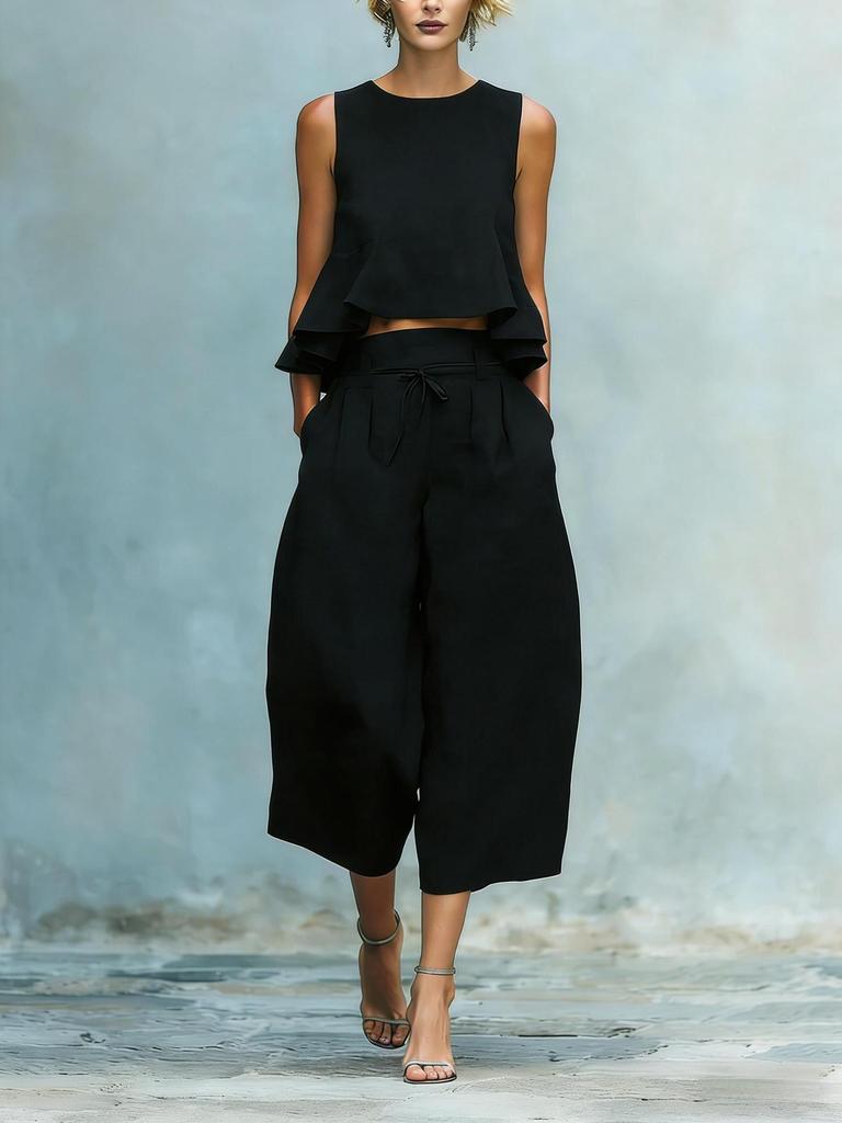 Womens Blue Sleeveless Crop Top with Ruffle Hem and Wide Leg Tie Waist Pants Set