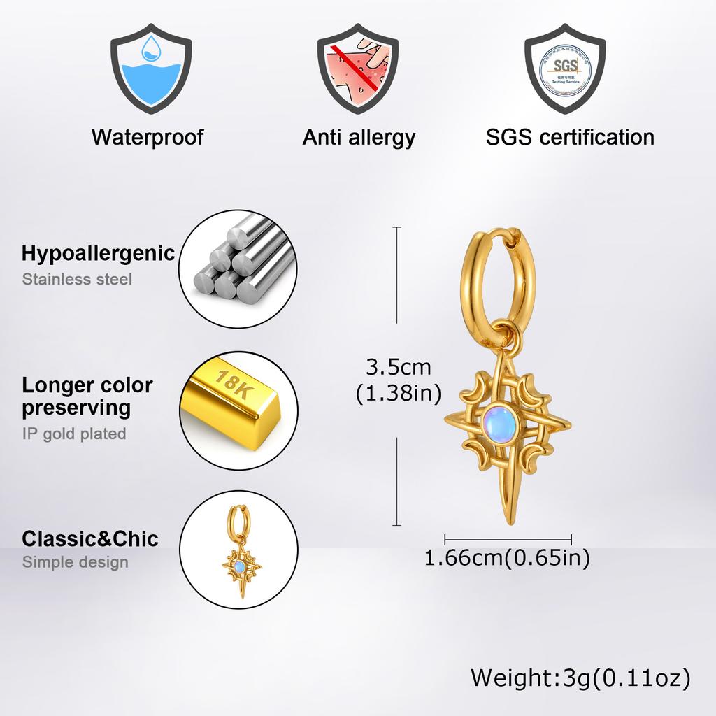 High Quality Moonlight Stone Hoop Earrings for Men,Stainless Steel Four Pointed Star Hoop Earrings,Trendy Jewelry Gift