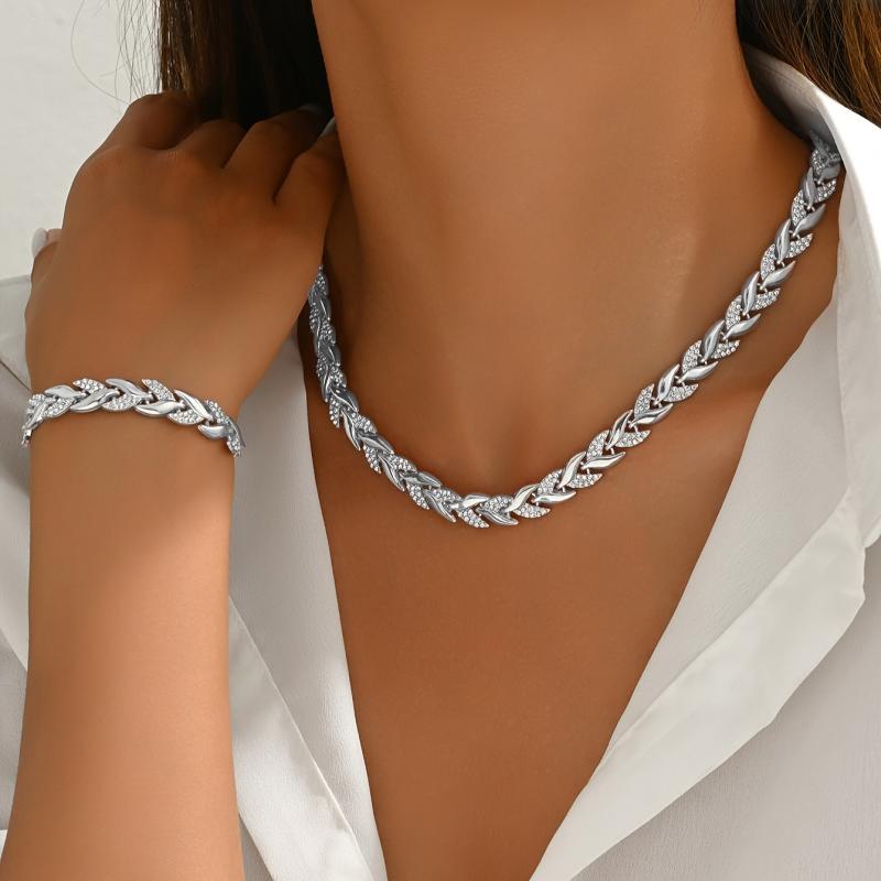 Women Leaf Rhinestone Matching Jewelry Set Adjustable Chain Necklace Bracelet Kit Elegant Party Wedding Fashion Jewelry Gift 1 Set  серебряный