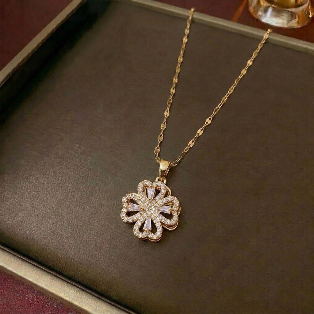 European & American Women's Zircon Flower Necklace & Rotatable Pendant Earrings Set