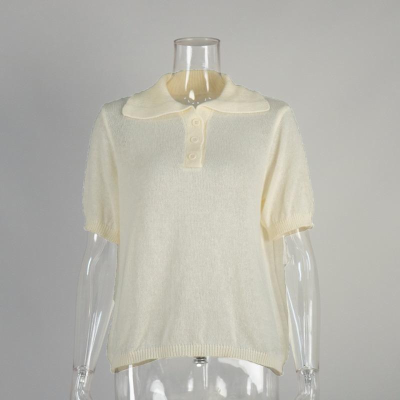 Suéter calado de punto de manga corta 2025 otoño y verano nuevo camiseta de manga abullonada suéter de punto simple mujer