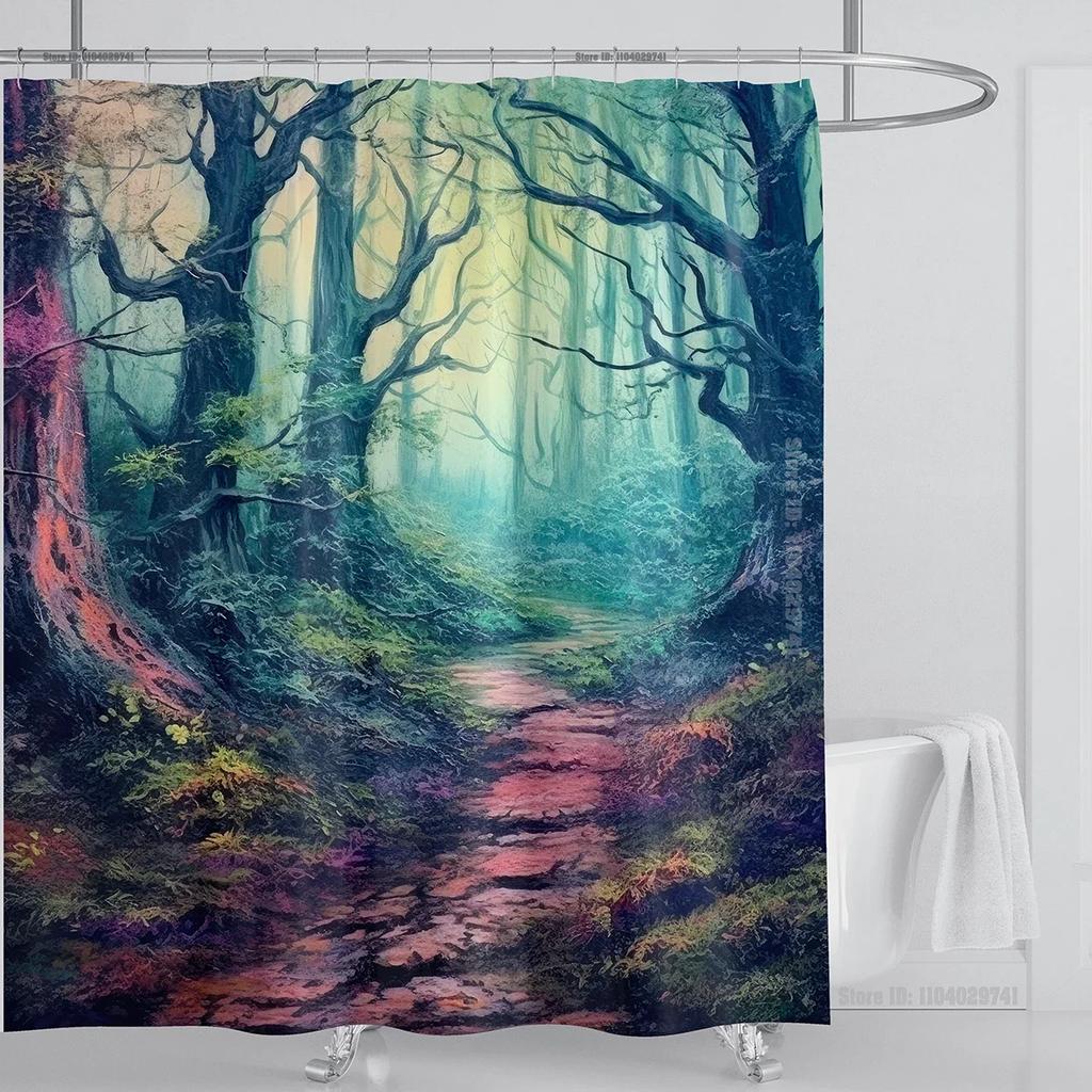 Mystical Forest Print Waterproof Shower Curtain - Stylish, Durable & Easy-Care Choice for Serene Nature-Inspired Bathroom Déco