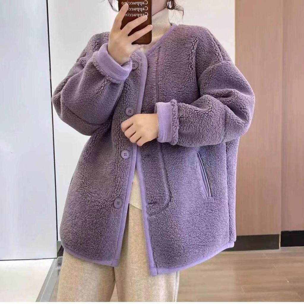 Women's Taro Purple Shearling Lambswool Coat - Korean Style, Loose Fit, Thickened Winter Top