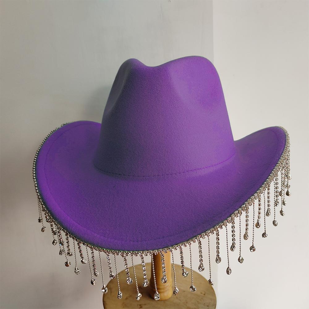 Women Rhinestone Tassel Decor Wide Brim White Fedora Hat For Party Cap Handmade Rhinestone Fringe Cowgirl Hat Wholesale