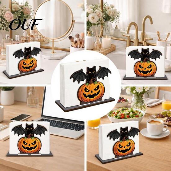 Pumpkin Napkin Holder Halloween Wooden for Table, Black Cat Bat Paper Stand Standing Dispenser, Towel Holiday Party Decor