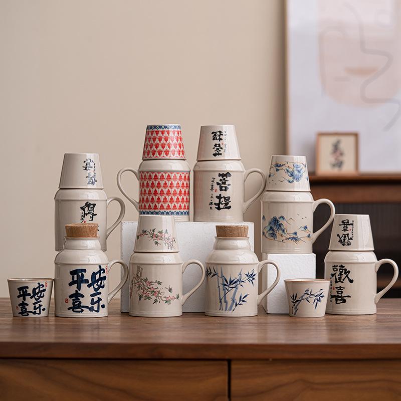 Ru Kiln Small Warm Pot Mug with Cover Ceramic Braised Teacup Chinese Large Capacity Thermos Bottle Office Cup with Handle