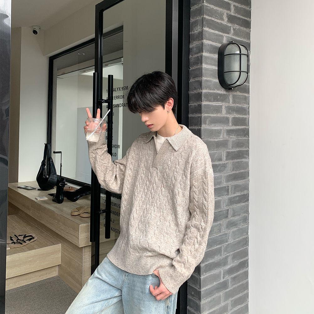 Men's Korean Style Two-Piece Lapel Pullover Knit Sweater - Winter Loose Fit, Casual Outerwear