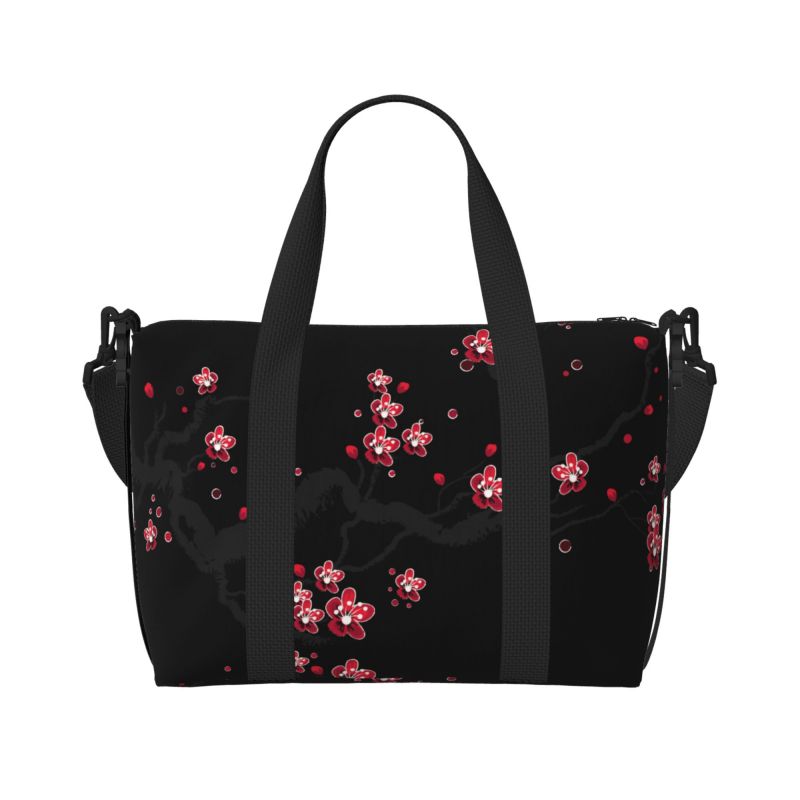 

Japanese Sakura Cherry Blossoms Black Travel Bag Women Foldable Weekender Overnight Bags Unisex Casual Waterproof Luggage Bag