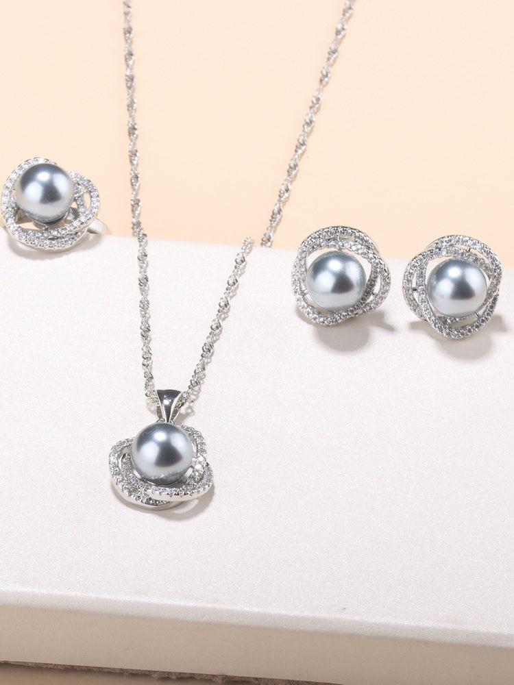 New Fashion   Accessories Pearl Earrings And Necklace Bridal Jewelry For Women Adjustable Ring Size