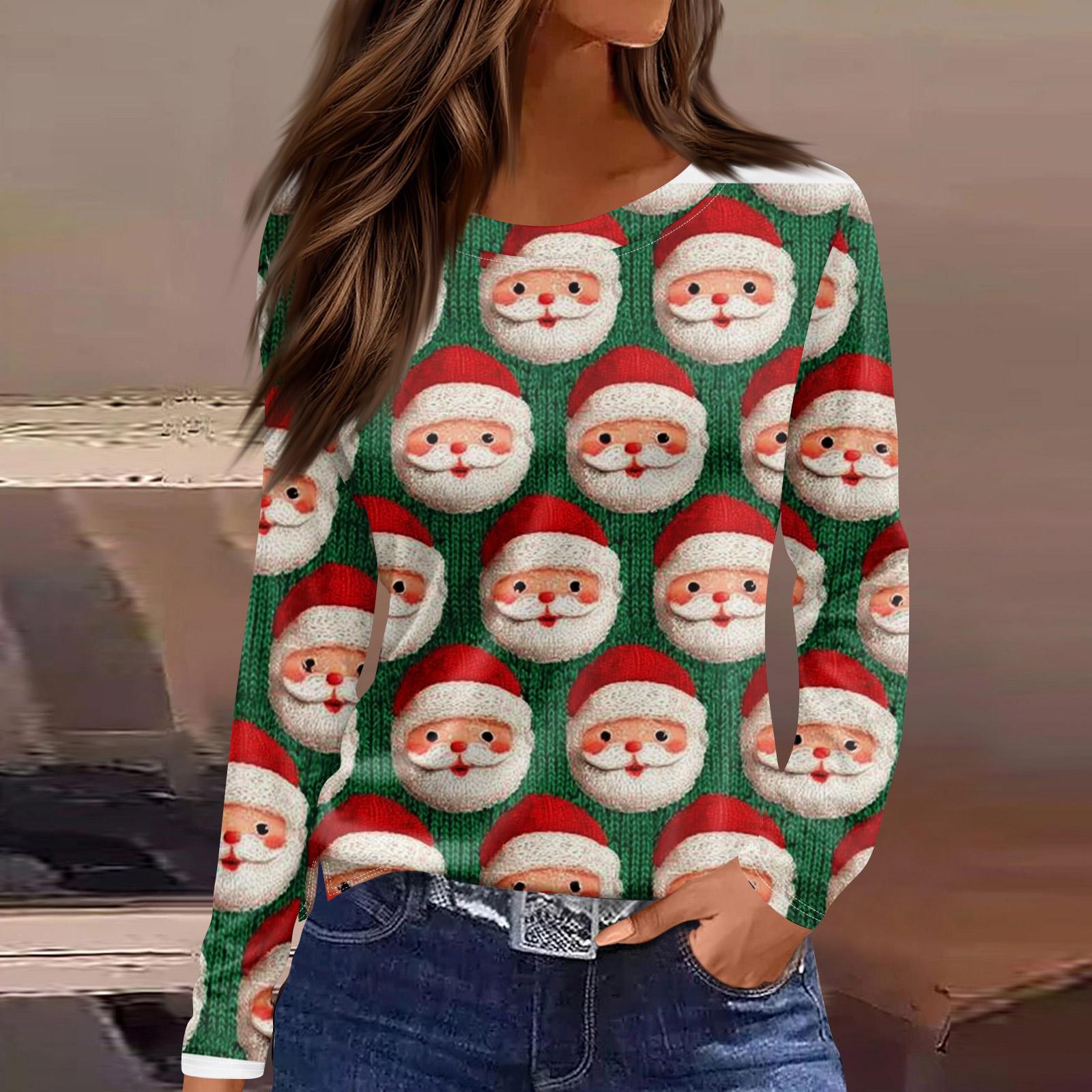 

Женская мода повседневный топ с разрезом по низу и рождественским принтом с круглым вырезом и длинными рукавами L