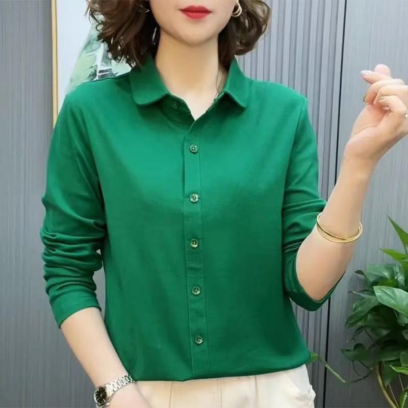 Lapel Women's Fashionable Solid Color New Polo Neck Long-sleeved Top Middle-aged Mother's Spring and Autumn Slimming and Age-reducing Shirt