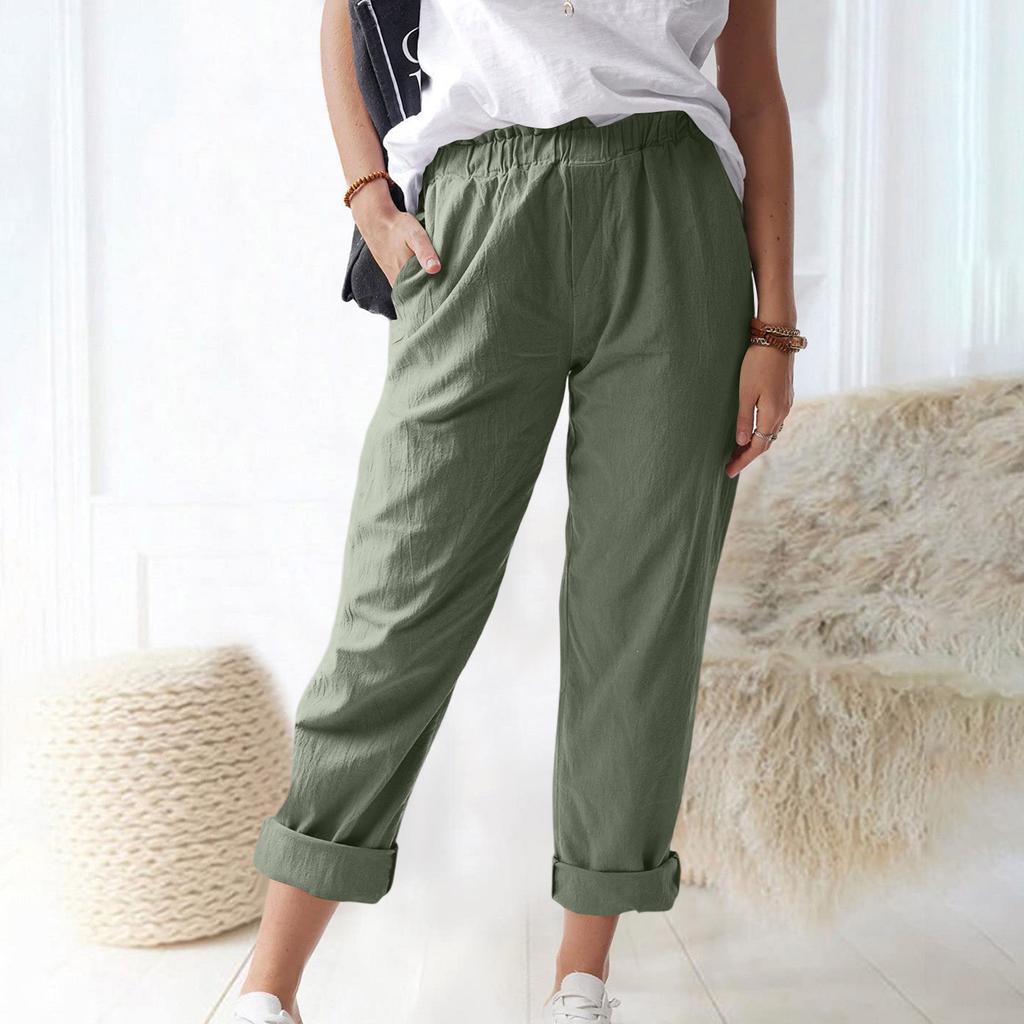 Damen Leinen Weite Hosen Elastischer Bund Lässige Lockere Hosen mit Taschen Leichte Alltags Hosen