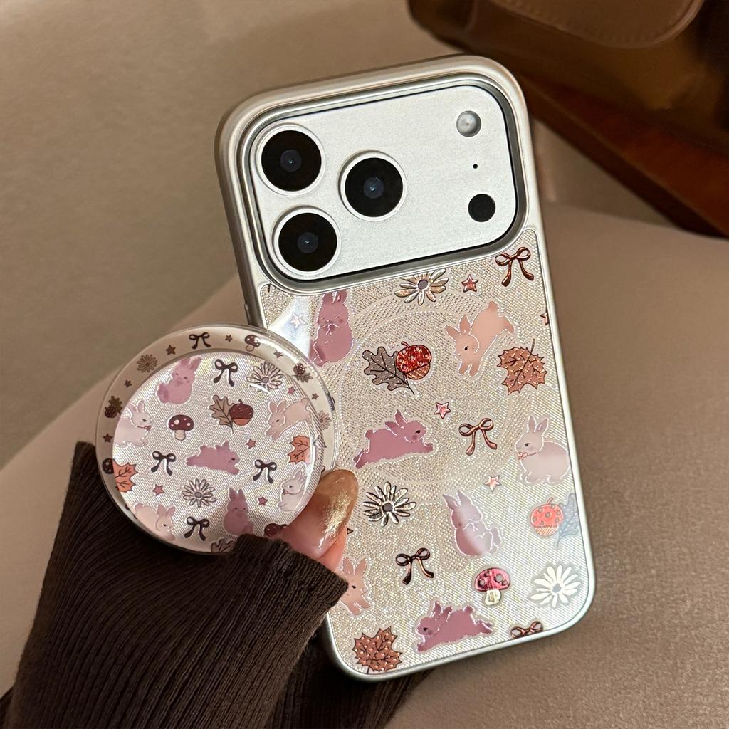 Silver-edged gilded bunny iPhone 17 Pro Max phone case with magnetic stand for iPhone 16, compatible with Huawei P70