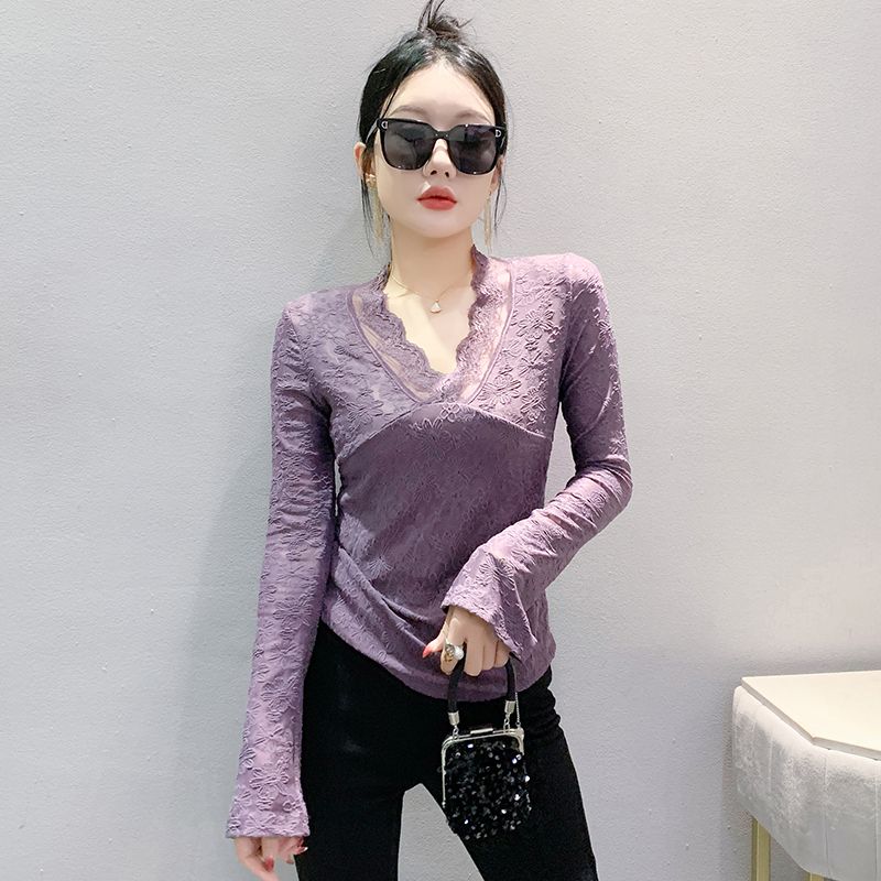 Plus Size Women's Clothing Fashion Spring/Summer New Arrival V-neck Lace Patchwork Mesh Flare Long Sleeved Fitted T-shirt Bottoming Shirt