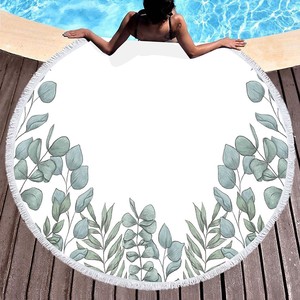 Summer Leaves Round Beach Towel Eucalyptus Leaf Garland Microfiber Beach Blanket Soft Absorbent Quick Dry Bath Towel Picnic Mat