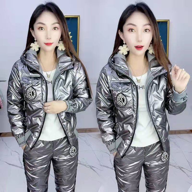 Dames Høst Vinter Pluss Størrelse 4XL Vattert Løs Blank Jakke + Varme Bukser Casual Varmt 2-delt Sett