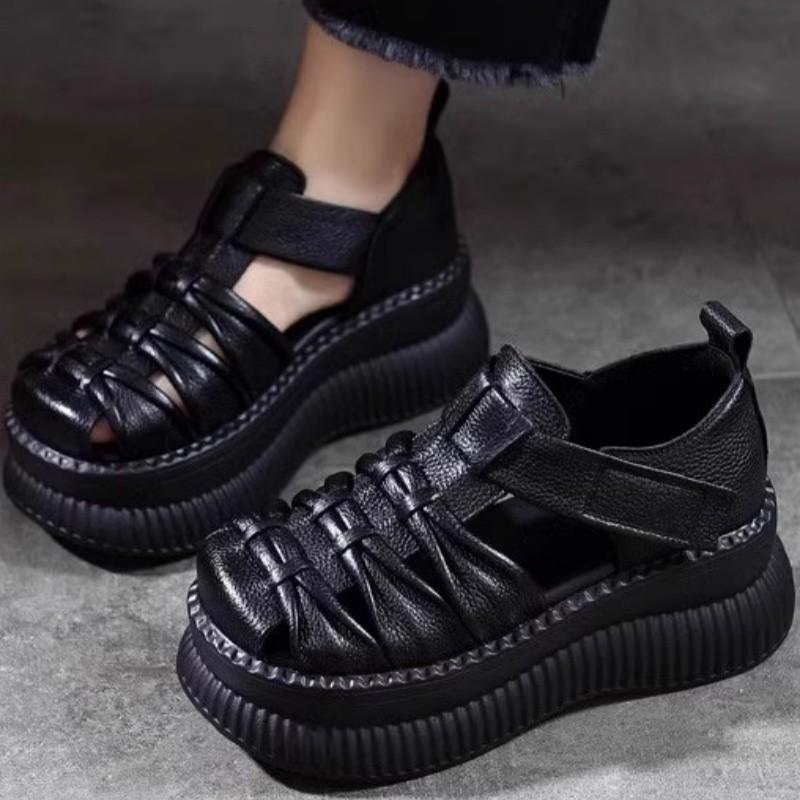 Women's Personalized New Women's Sandals with Thick Sole and Raised Sponge Sole, European and American Style Comfortable Large Leather Roman Shoes