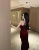 Luxurious French Gold Velvet Fishtail Slip Dress for Women - Autumn/Winter Sexy Bodycon with Hip-Slit for Evening Wear