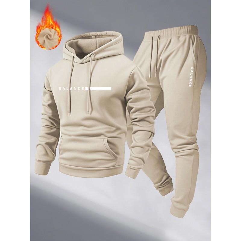 Herren Fleece-gefüttertes Kapuzenpullover-Set Mit Buchstaben-Print Warm Lässig Sport Zweiteiliges Outfit XXXL khaki