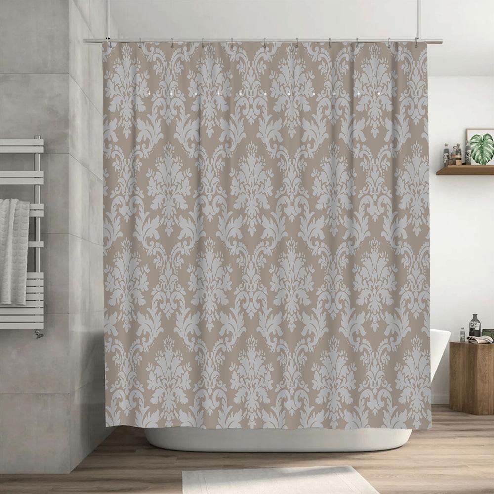 Vintage Damast Duschvorhang: Elegantes Weißes Muster Badezimmerfutter für Heimdekor Beige Grau Set mit Haken Größe 72x84 Zoll