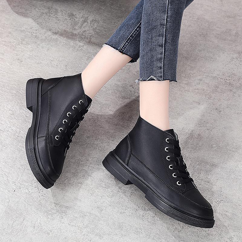 New High Top Leather Shoes Women Fashion British Style Flats Shoes Comfortable Lace Up Ankle Boots Round Toe Adult Casual Shoes