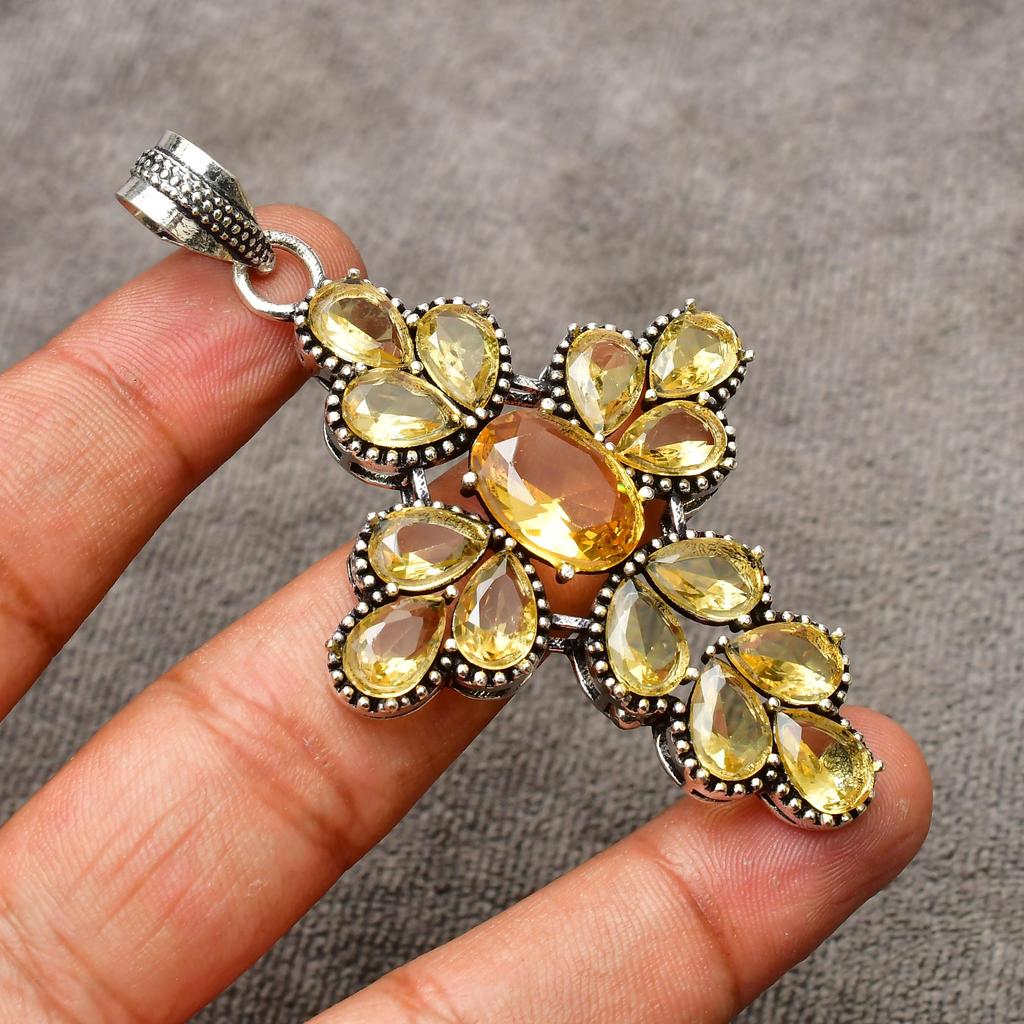 Citrine Gemstone Cross Shape Pendant Gemstone : 925 Sterling Silver Handmade Jewelry Pendant
