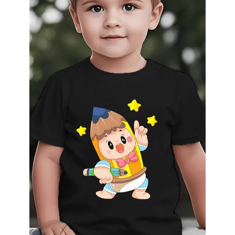 European sizes Back-to-School Season Boys' Short-Sleeve T-Shirt for Spring, Summer, and Fall - Cute Creative Cartoon Pencil Print