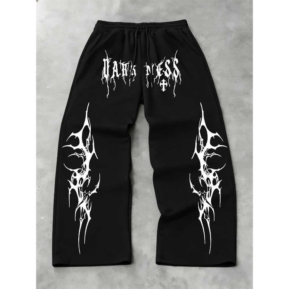 

Men s Casual Black Sports Pants with Wide Leg Design and White Flame Print, Loose Fitting Streetwear XXL